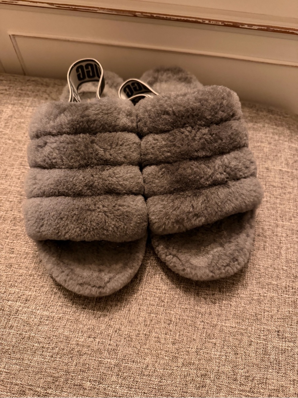 UGG Women's Grey Fluff Slide with Logo Backstrap